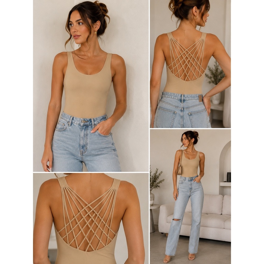 Jealous Tomato Tan Lattice Cage Back Bodysuit Sleeveless Scoop Neck JT5501 Small